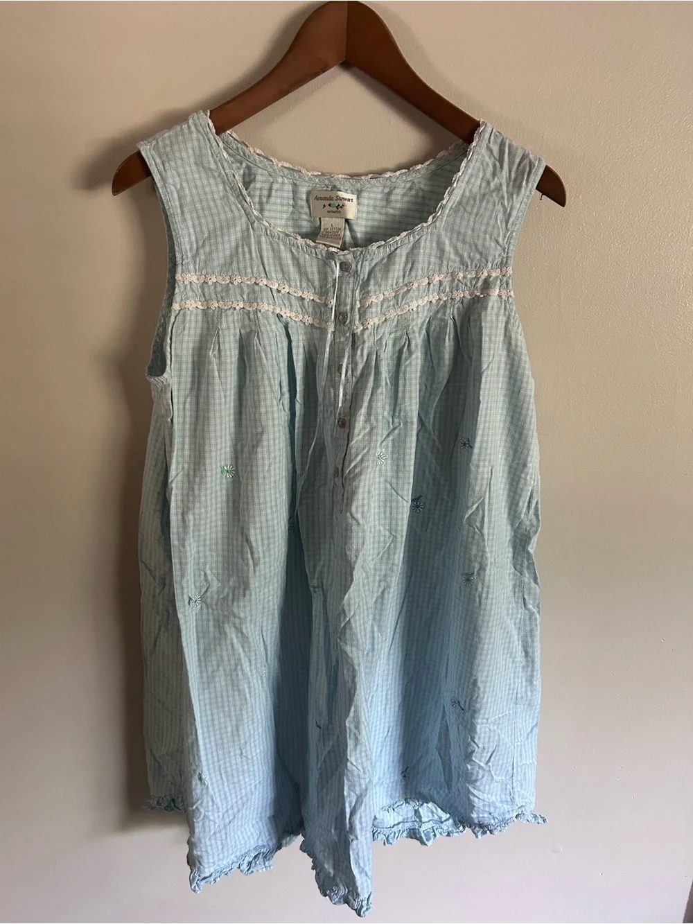 Vintage Amanda Stewart blue gingham floral embroidered ruffle hem nightgown